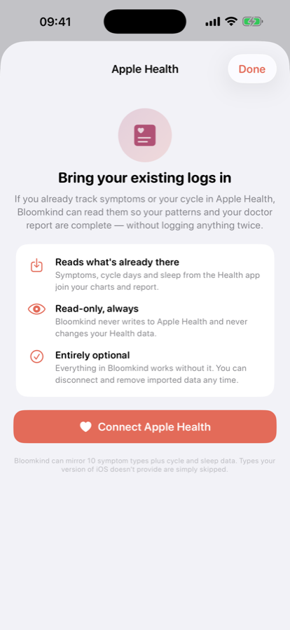 Bloomkind Apple Health screen titled ‘Bring your existing logs in’, explaining that it reads what is already there, is read-only, and is entirely optional.